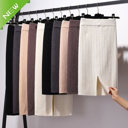 Autumn Winter All-match Skirt Knitted Skirts Mid-Calf & Knee-Length Office Skirt Warm Knitted Black Pencil Skirts