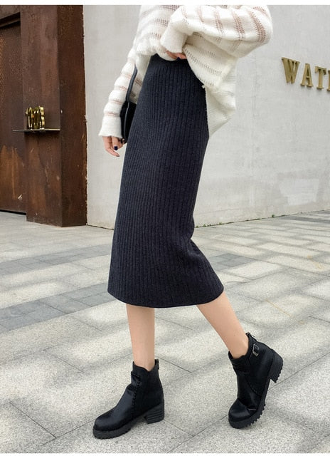 Autumn Winter All-match Skirt Knitted Skirts Mid-Calf & Knee-Length Office Skirt Warm Knitted Black Pencil Skirts