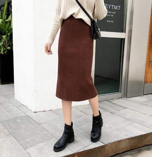 Autumn Winter All-match Skirt Knitted Skirts Mid-Calf & Knee-Length Office Skirt Warm Knitted Black Pencil Skirts