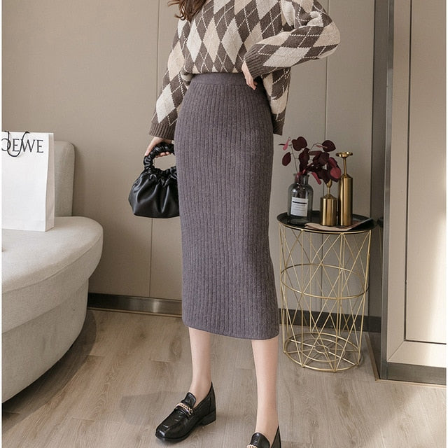 Autumn Winter All-match Skirt Knitted Skirts Mid-Calf & Knee-Length Office Skirt Warm Knitted Black Pencil Skirts