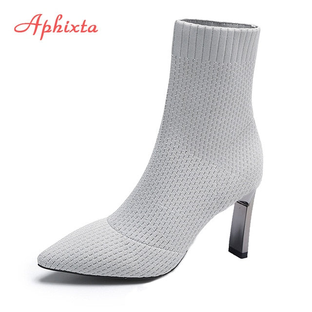 Aphixta Metal Blade Heels Socks Boots Women Stretch Fabric Elastic Stilettos Heel Pointed Toe Ankle Boots Shoes Woman Boats