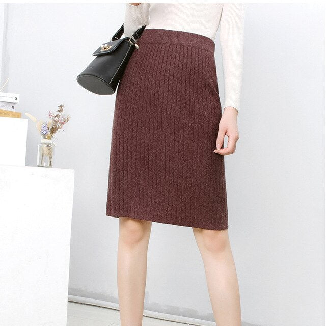 Autumn Winter All-match Skirt Knitted Skirts Mid-Calf & Knee-Length Office Skirt Warm Knitted Black Pencil Skirts