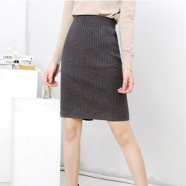 Autumn Winter All-match Skirt Knitted Skirts Mid-Calf & Knee-Length Office Skirt Warm Knitted Black Pencil Skirts