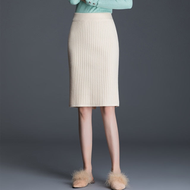 Autumn Winter All-match Skirt Knitted Skirts Mid-Calf & Knee-Length Office Skirt Warm Knitted Black Pencil Skirts