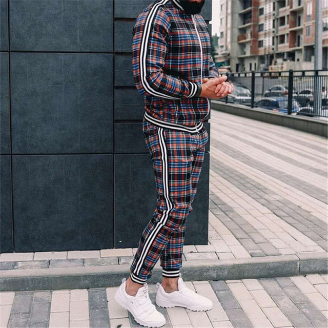 New 3D Colorful Plaid Men Sport Zipper suit Autumn Tracksuit Set Male Sweatshirt Running Jackets Men Tracksuit Sets gym Mens set