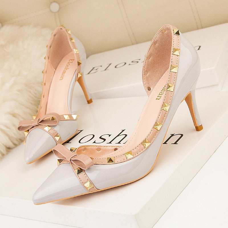 2020 Autumn fashion Women Dress Pumps Thin Heels High Heels Rivet Butterfly-knot Shoes For Lady stiletto wedding shoes stiletto