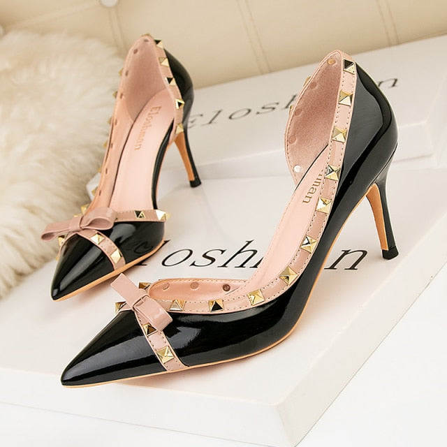 2020 Autumn fashion Women Dress Pumps Thin Heels High Heels Rivet Butterfly-knot Shoes For Lady stiletto wedding shoes stiletto