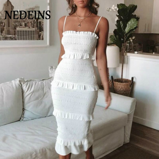 NEDEINS Summer Fashion Sling Long Dress Women 2020 Casual Party Dress Female Ruffles Vestidos Plus Size Natural Solid Dress