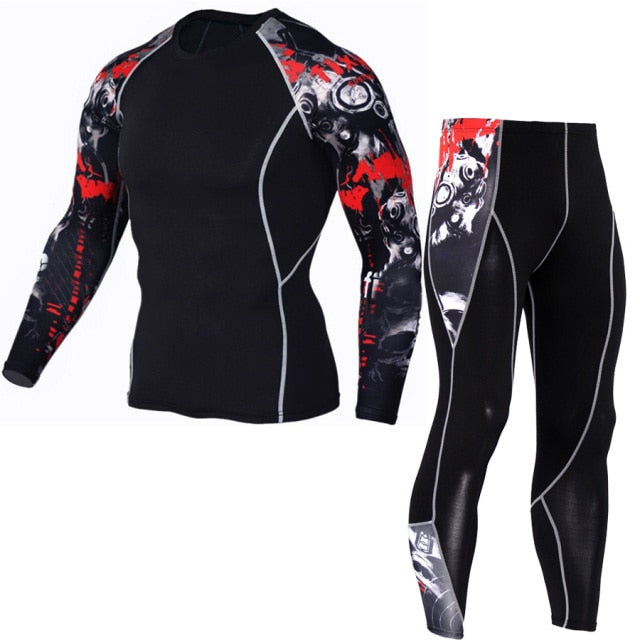 Mens Running Set Compression T-Shirt + Pants Sport Long Sleeves T Shirts Fitness Rashguard Men Gym Leggings Clothes Tight Suit