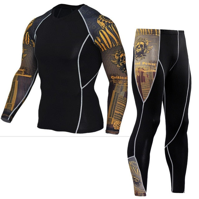 Mens Running Set Compression T-Shirt + Pants Sport Long Sleeves T Shirts Fitness Rashguard Men Gym Leggings Clothes Tight Suit