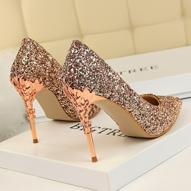 2020 Fall Women 9.5cm Extreme High Heel Fashion Pumps Bling Sequin Elegant Fetish Escarpins Lady Sexy Prom Wedding Dress Shoes