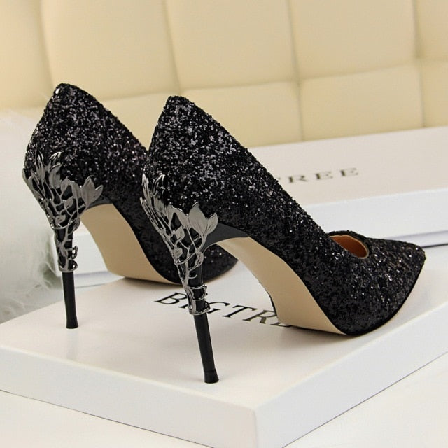 2020 Fall Women 9.5cm Extreme High Heel Fashion Pumps Bling Sequin Elegant Fetish Escarpins Lady Sexy Prom Wedding Dress Shoes