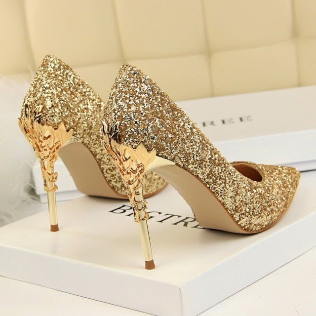 2020 Fall Women 9.5cm Extreme High Heel Fashion Pumps Bling Sequin Elegant Fetish Escarpins Lady Sexy Prom Wedding Dress Shoes