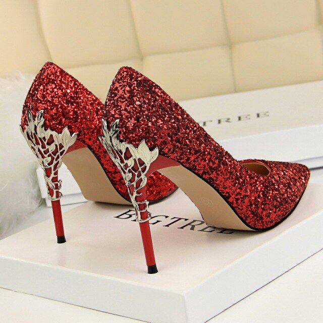 2020 Fall Women 9.5cm Extreme High Heel Fashion Pumps Bling Sequin Elegant Fetish Escarpins Lady Sexy Prom Wedding Dress Shoes