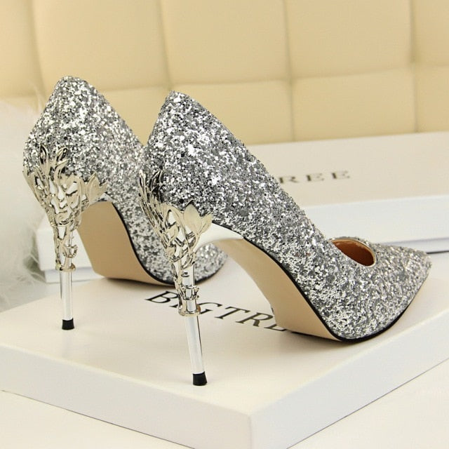 2020 Fall Women 9.5cm Extreme High Heel Fashion Pumps Bling Sequin Elegant Fetish Escarpins Lady Sexy Prom Wedding Dress Shoes