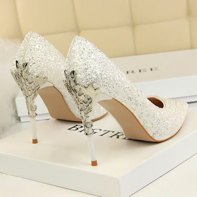 2020 Fall Women 9.5cm Extreme High Heel Fashion Pumps Bling Sequin Elegant Fetish Escarpins Lady Sexy Prom Wedding Dress Shoes