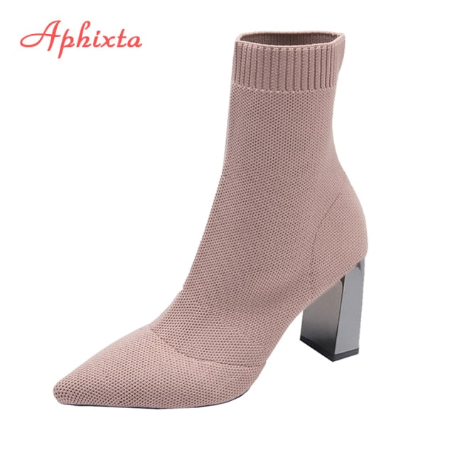 Aphixta Metal Blade Heels Socks Boots Women Stretch Fabric Elastic Stilettos Heel Pointed Toe Ankle Boots Shoes Woman Boats