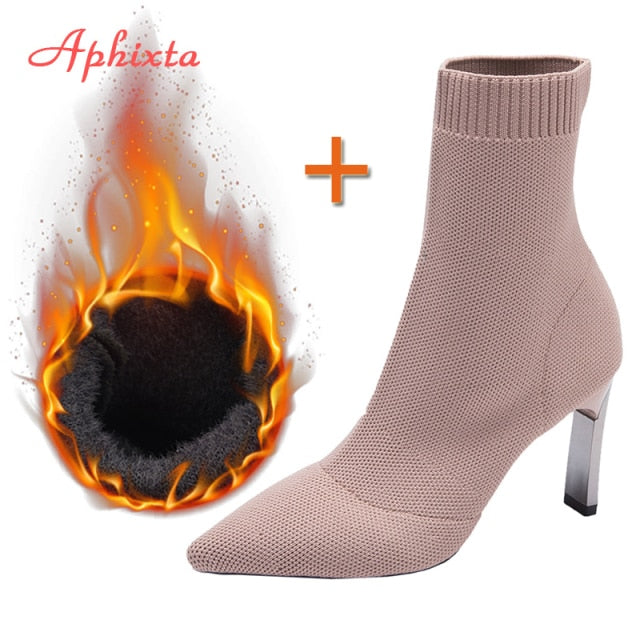 Aphixta Metal Blade Heels Socks Boots Women Stretch Fabric Elastic Stilettos Heel Pointed Toe Ankle Boots Shoes Woman Boats