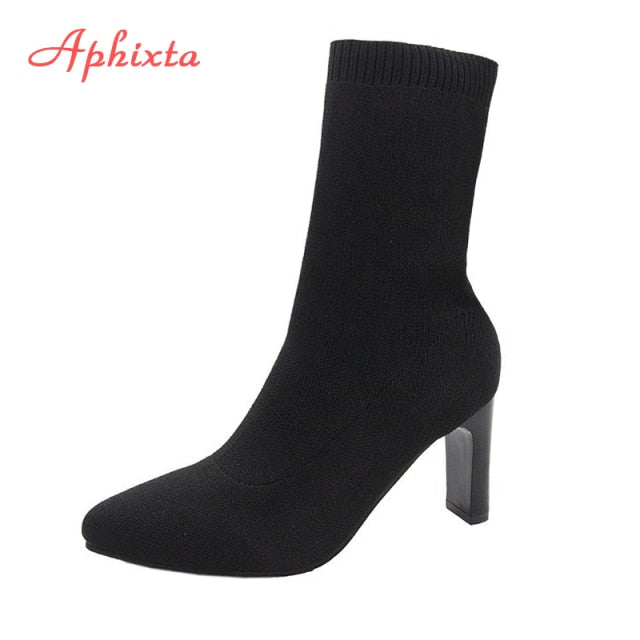 Aphixta Metal Blade Heels Socks Boots Women Stretch Fabric Elastic Stilettos Heel Pointed Toe Ankle Boots Shoes Woman Boats