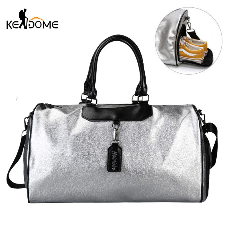 Silver Sports Bag Lady Luggage Bag in Travel Bags with Tag Duffel Gym Bag Leather Women Yoga Fitness sac de sport Big XA806WD