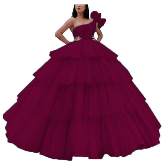 Sevintage Pink One Shoulder Quinceanera Dress Dubai Ball Gown Tiered Pleats Long Formal Prom Gowns Saudi Arabic Sweet 16 Dresses