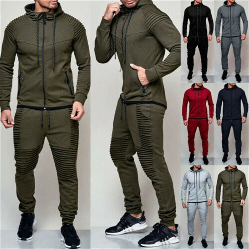 Men Casual Tracksuit Sport 2PCS Set Jacket+Pants Sport Jogging Athletic Trainer Solid Cotton Suit Runing Wear Gym Wear