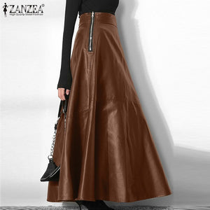 Women Elegant OL Solid Skirts ZANZEA Office Lady Zipper Long Skirt Elegant Party A Line Bottom Fashion PU Leather Skirt Oversize
