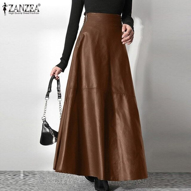 Women Elegant OL Solid Skirts ZANZEA Office Lady Zipper Long Skirt Elegant Party A Line Bottom Fashion PU Leather Skirt Oversize