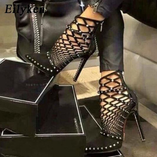 Eilyken 2021 Gladiator Sandals Summer Spring Pointed Toe Rivets Studded Cut Out Caged Ankle Boots Stiletto Heel Women Shoes