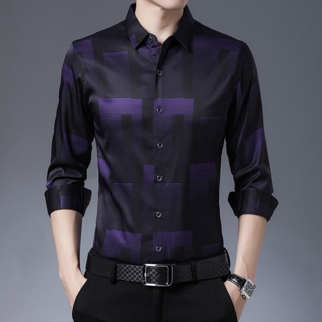 New Original Men Shirts Silk Cotton  Long Sleeve Shirt Mens Casual  Slim Fit Camisa Masculina C688