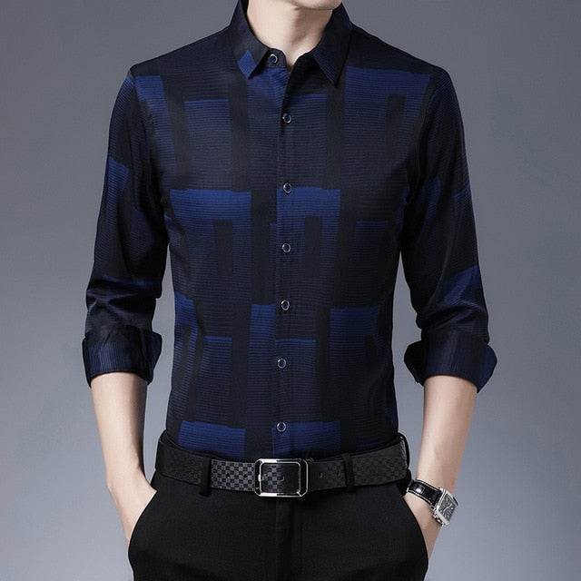 New Original Men Shirts Silk Cotton  Long Sleeve Shirt Mens Casual  Slim Fit Camisa Masculina C688