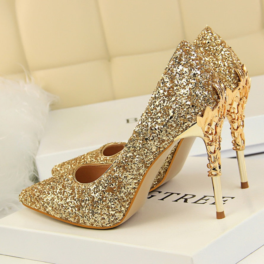 2020 Fall Women 9.5cm Extreme High Heel Fashion Pumps Bling Sequin Elegant Fetish Escarpins Lady Sexy Prom Wedding Dress Shoes