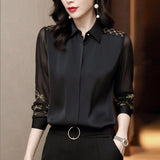 Women Spring Autumn Style Chiffon Blouses Shirts Lady Embroidery Long Sleeve Turn-down Collar Lace Decor Blusas Top