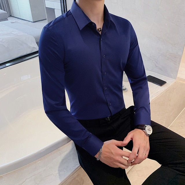 British Style New Solid Shirt Men Long Sleeve  Business Formal Wear Men Shirts Slim Fit Casual Blouse