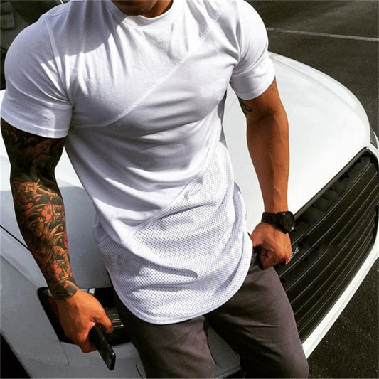 Sport T Shirt Men Cotton Patchwork Mesh Mens Running T-Shirt Sportswear Bodybuilding Fitness Shirt slim fit Gym Tshirt