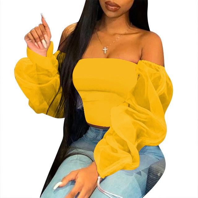 HAOYUAN Mesh Sheer Fashion Crop Top Off Shoulder Bodycon Women Clothes Night Club Outfit Streetwear Long Sleeve T-shirt Top