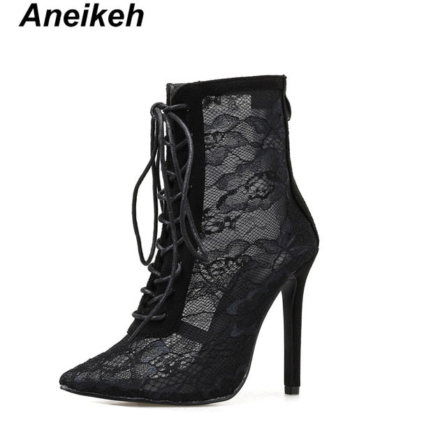 Aneikeh 2021 Fashion Basic Sandals Boots Women High Heels Pumps Sexy Hollow Out Mesh Lace-Up Cross-tied Boots Party Shoes Party