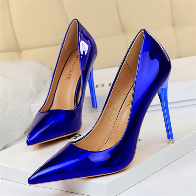 Sexy Pumps Women Shoes High Heels 10.5cm Blue Green Patent Leather Stiletto Ladies Fetish Wedding Bridal Shoes Plus Size 42 43