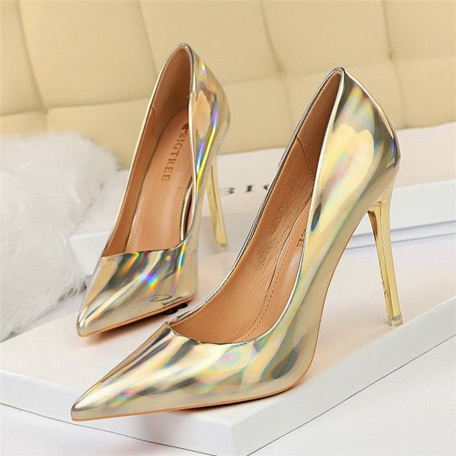 Sexy Pumps Women Shoes High Heels 10.5cm Blue Green Patent Leather Stiletto Ladies Fetish Wedding Bridal Shoes Plus Size 42 43