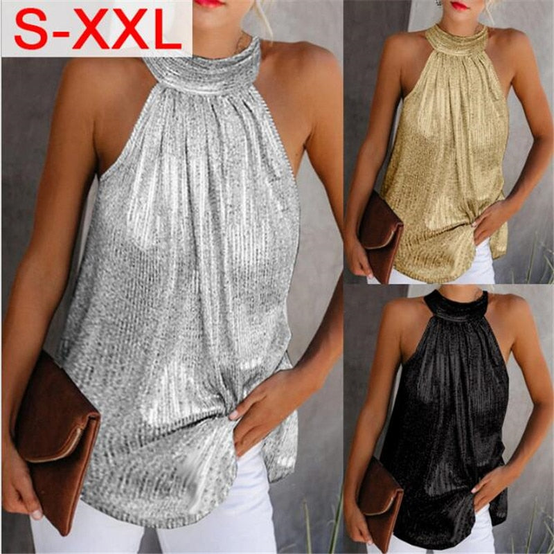 Womens Fashion Shiny Halter Neck Tank Tops Vest Ladies Summer Casual Solid Color Sleeveless T shirt Blouse Black Gold Silver