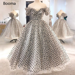 Booma Polka Dots Tulle Prom Dresses Sweetheart Off the Shoulder Ball Gown Formal Dresses Ankle-Length Ruched Midi Party Dresses