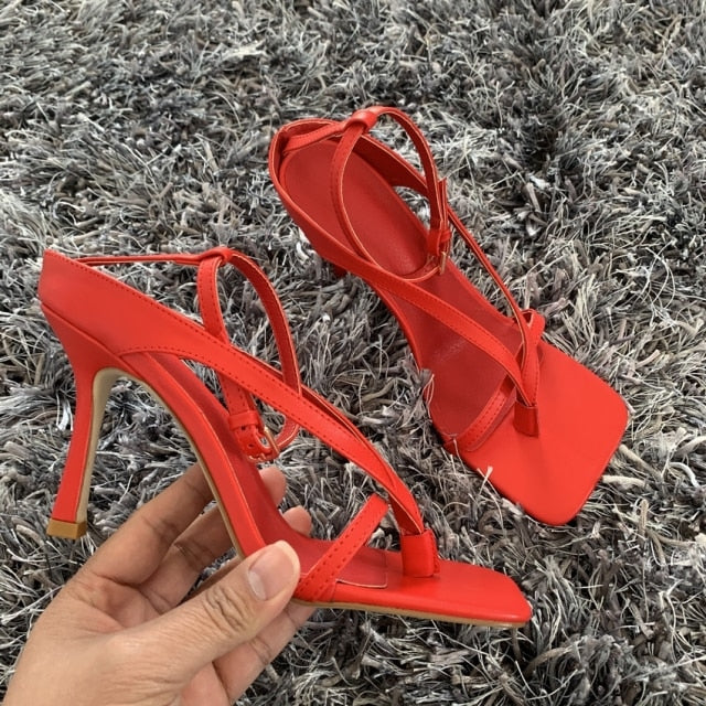 2021 Ankle Strap Women Sandals Summer Fashion Brand Thin High Heels Gladiator Sandal Shoes Narrow Band Party Dress Pump Shoes