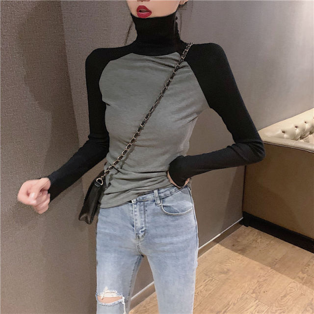 Woman TShirts Spring and Autumn Turtleneck Long Sleeve T-shirt Women's Tight Pile Collar Crop Top Mujer Camisetas