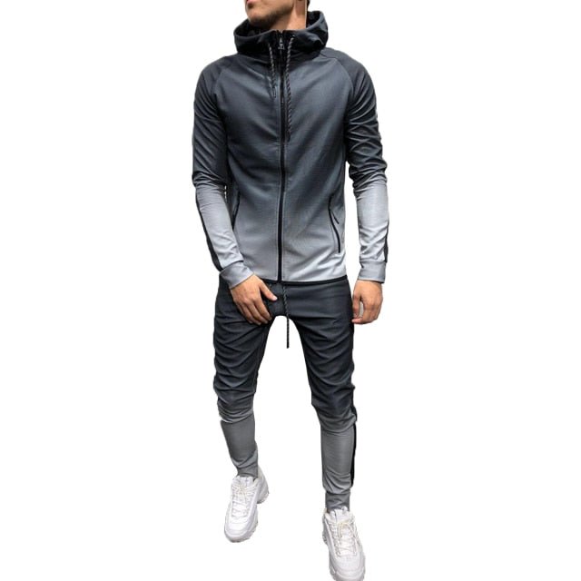 Fashion Men Turtleneck Gradual Change Color Tracksuit Set Hoodie Top+ High Waist Bottoms Joggers Gym Plain Zip Pockets Slim Fit