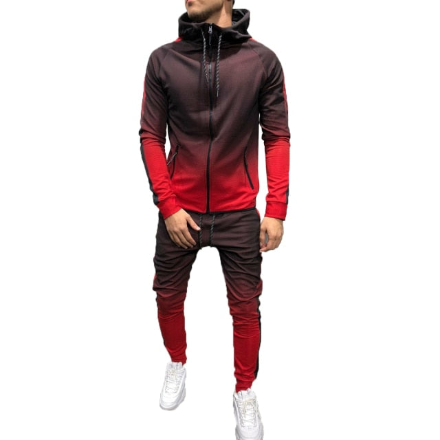 Fashion Men Turtleneck Gradual Change Color Tracksuit Set Hoodie Top+ High Waist Bottoms Joggers Gym Plain Zip Pockets Slim Fit