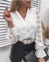 Women Lace Casual Office Top Long Sleeve  Mesh Design -white
