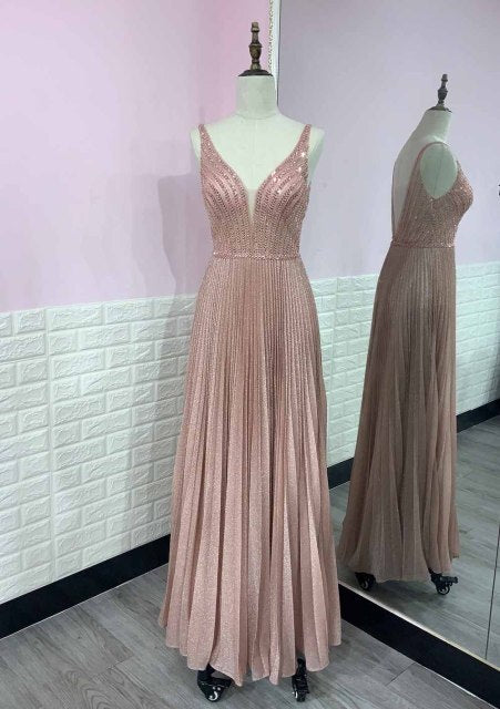 In Stock 2021 Sexy Pink Long Prom Dresses Gala Spaghetti Beaded Pleated Sparkly Women Evening Gown Party Night Backless