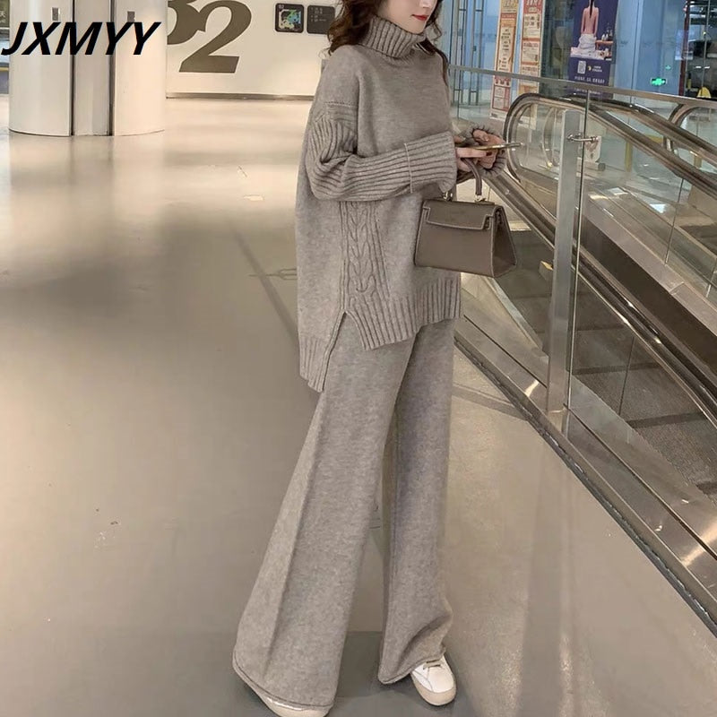 JXMYY sweater set women tracksuit  knitted  2 piece set warm turtleneck sweater pullovers wide legs pants