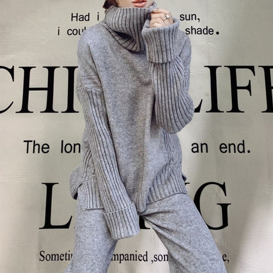 JXMYY sweater set women tracksuit  knitted  2 piece set warm turtleneck sweater pullovers wide legs pants