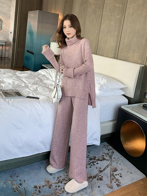 JXMYY sweater set women tracksuit  knitted  2 piece set warm turtleneck sweater pullovers wide legs pants